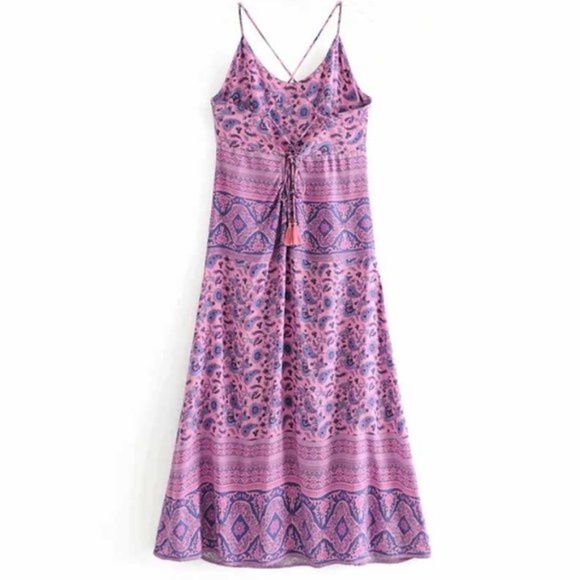 Boho Purple Pink Floral print Criss Cross Back Maxi dress - Picture 8 of 8